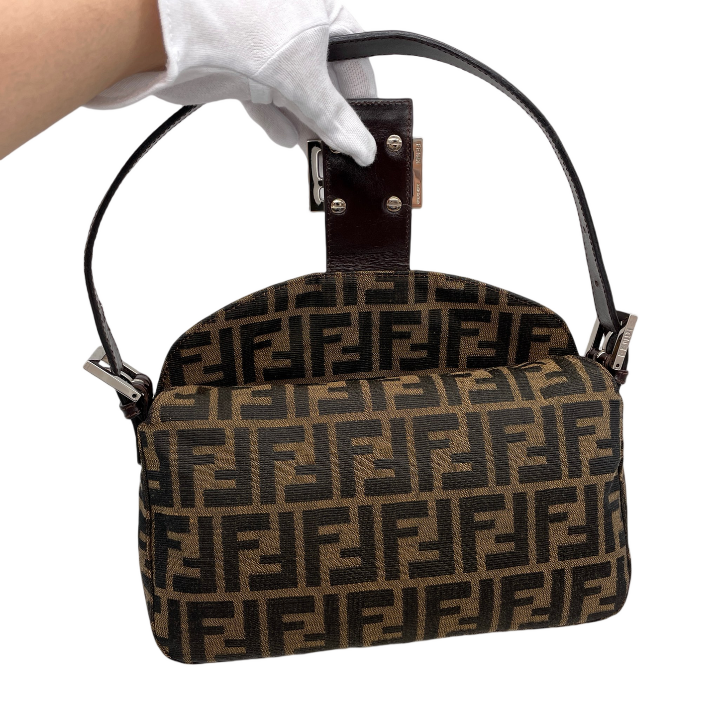 FENDI Zucca Double Round Flap Mamma Baguette Shoulder Bag PM Brown &amp; Silver