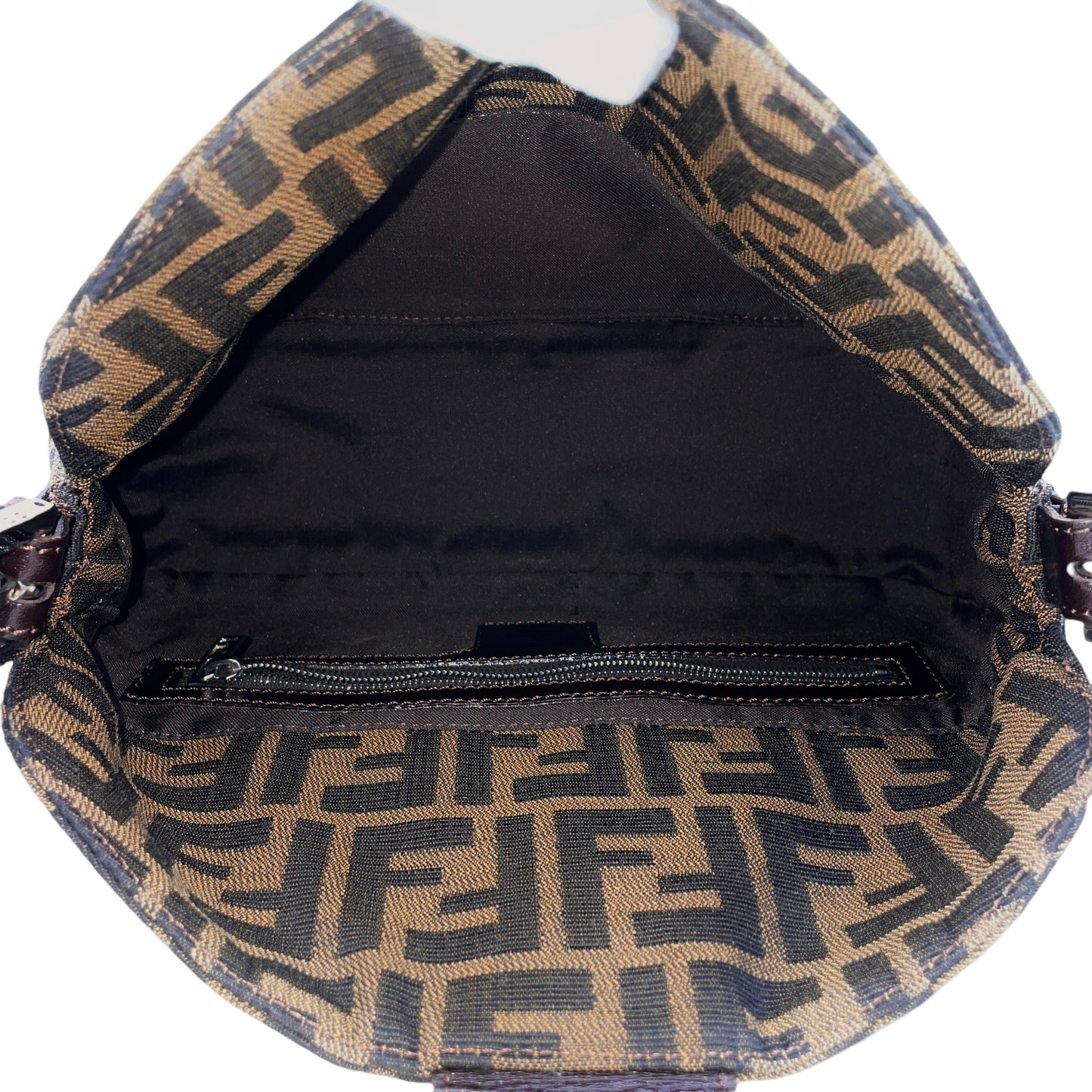 FENDI Zucca Double Round Flap Mamma Baguette Shoulder Bag PM Brown &amp; Silver