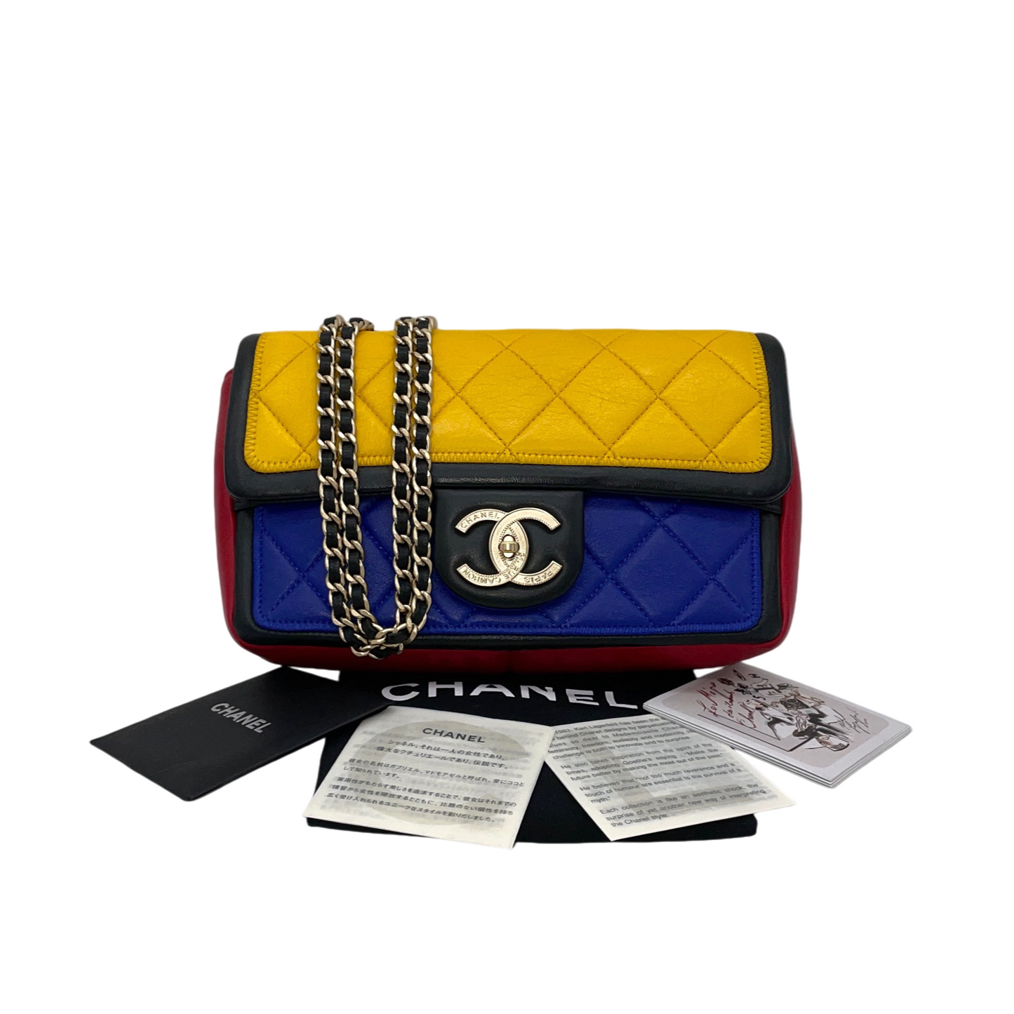 RARE★★★CHANEL 2014 Matelassé Calfskin Mondrian Multicolor Double Chain Shoulder Flap Bag Small Multicolor Gold