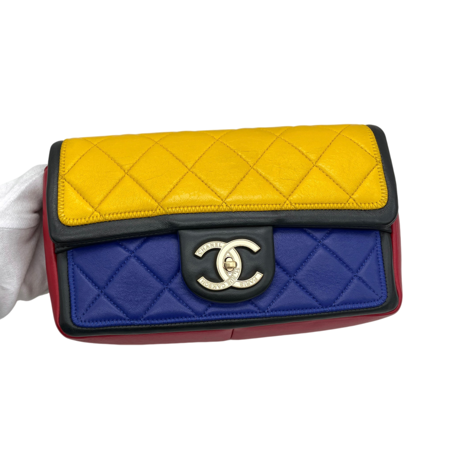 RARE★★★CHANEL 2014 Matelassé Calfskin Mondrian Multicolor Double Chain Shoulder Flap Bag Small Multicolor Gold