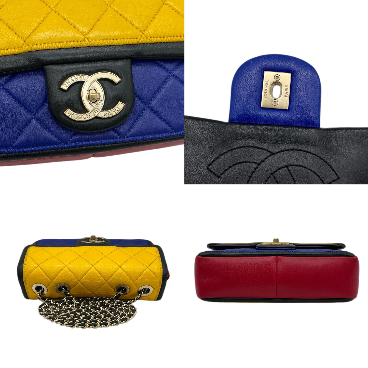 RARE★★★CHANEL 2014 Matelassé Calfskin Mondrian Multicolor Double Chain Shoulder Flap Bag Small Multicolor Gold