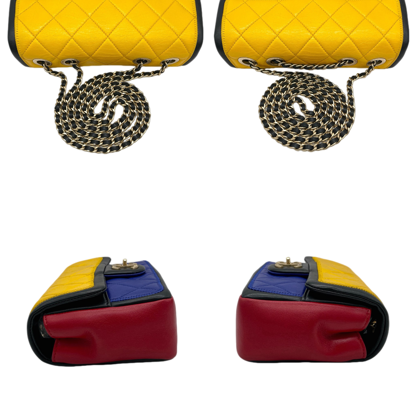 RARE★★★CHANEL 2014 Matelassé Calfskin Mondrian Multicolor Double Chain Shoulder Flap Bag Small Multicolor Gold