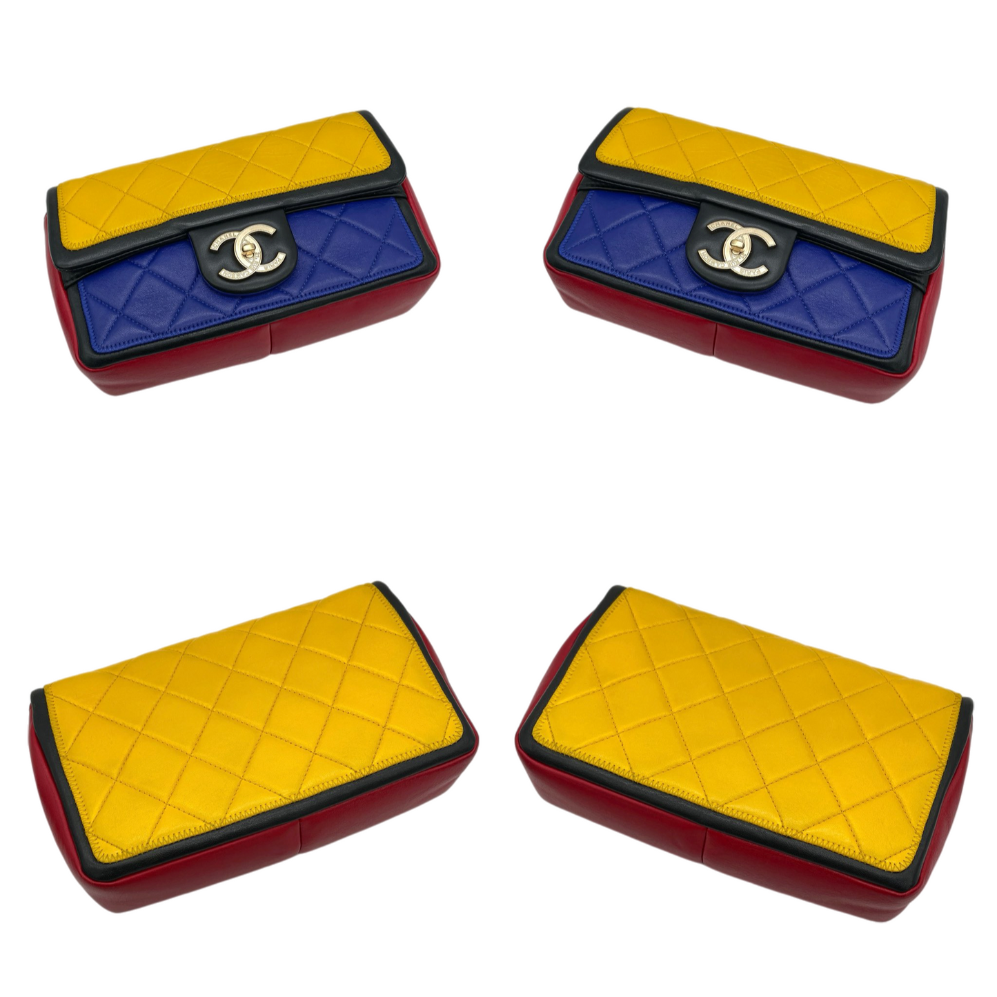 RARE★★★CHANEL 2014 Matelassé Calfskin Mondrian Multicolor Double Chain Shoulder Flap Bag Small Multicolor Gold