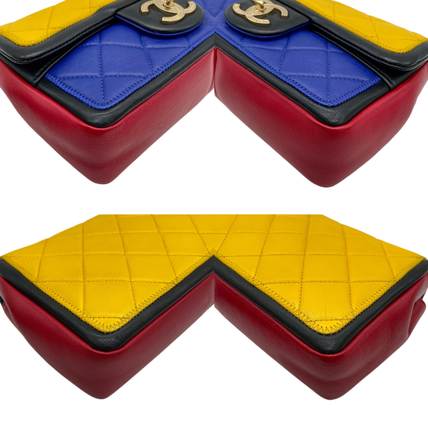RARE★★★CHANEL 2014 Matelassé Calfskin Mondrian Multicolor Double Chain Shoulder Flap Bag Small Multicolor Gold