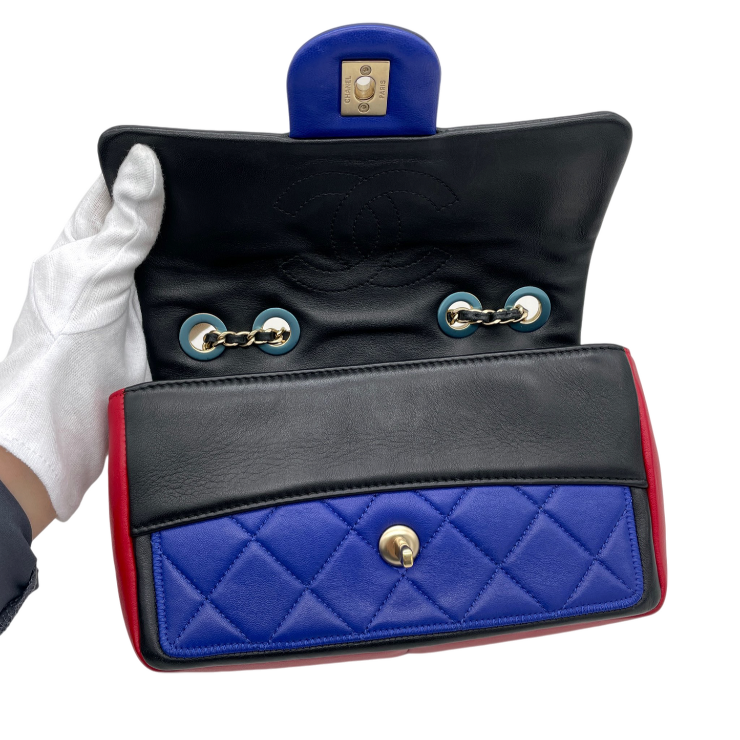 RARE★★★CHANEL 2014 Matelassé Calfskin Mondrian Multicolor Double Chain Shoulder Flap Bag Small Multicolor Gold