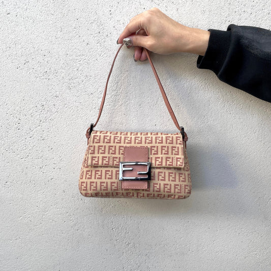 RARE☆☆☆FENDI Zucchino Mini Mamma Baguette Shoulder Bag Pink & Beige