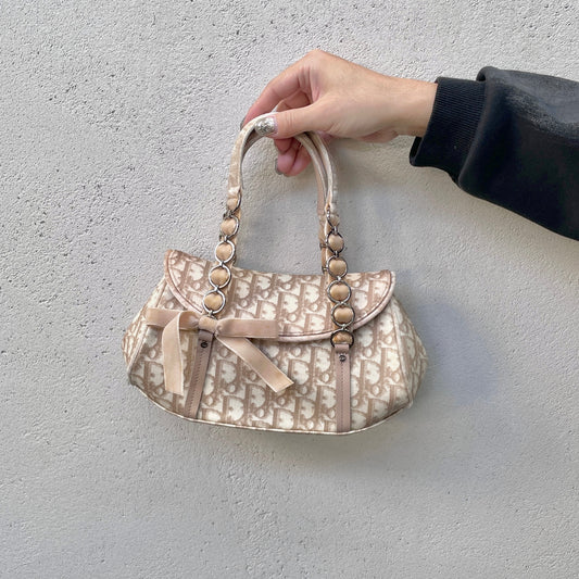 RARE☆☆☆☆CHRISTIAN DIOR Trotter PVC Ribbon Chain Handle Hand Bag Beige & Silver
