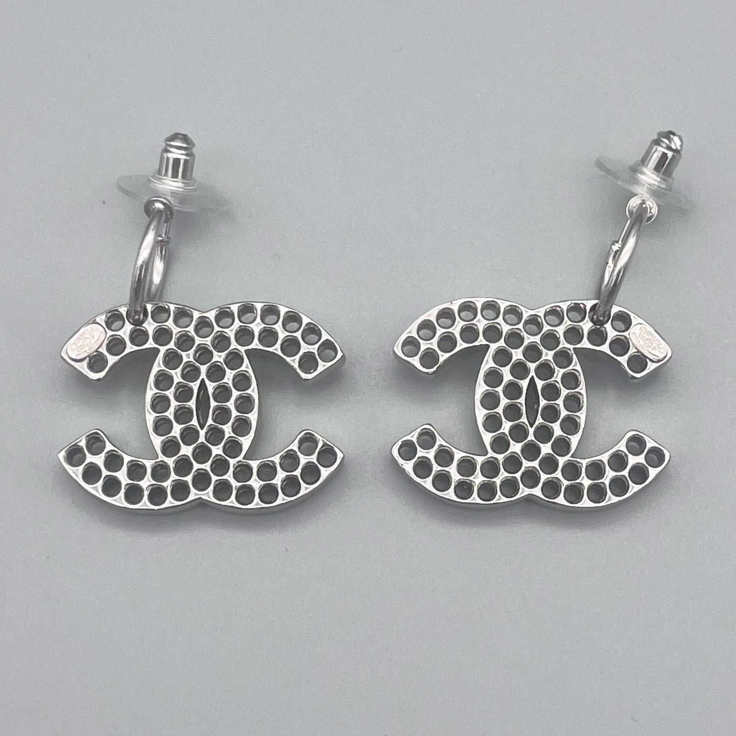 CHANEL Punching Coco Mark Pendant Earrings Silver 03 P